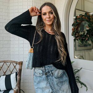 Women's Open Knit Crochet V-Neck Sweater Top | Black